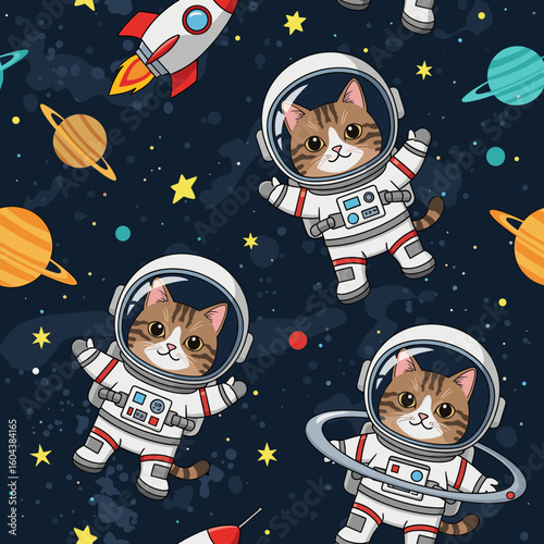 Cute cats in spacesuits floating in space, perfect for kids' apparel, textiles, or space-themed designs.