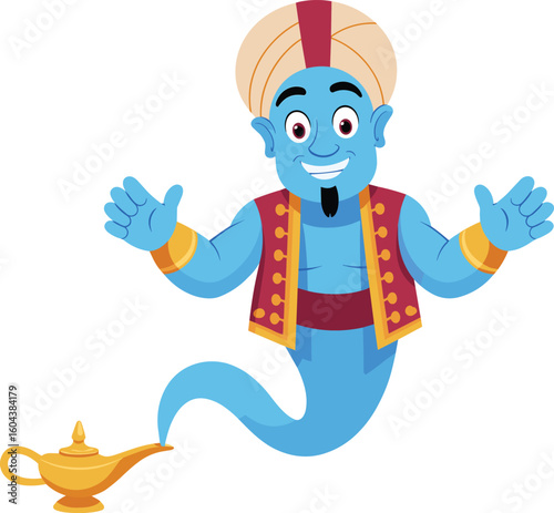 Cartoon blue genie character coming out of magic lamp with open arms, smiling face, wearing turban and vest, isolated vector illustration