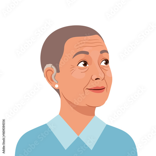Woman with Hearing Aid Looking Up in Contemplation of Something