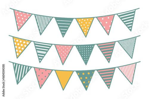 Three strings of colorful triangle shaped party flags with various patterns hanging on a white background