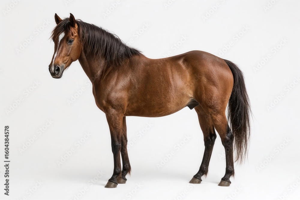 Obraz premium Side view of a brown horse with dark mane, tail and legs, standing on a white background.