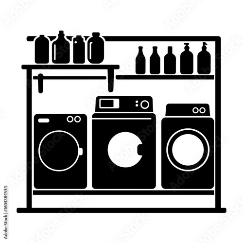 Silhouette of laundry room with glass bottles – Eco-friendly refill culture, black and white
