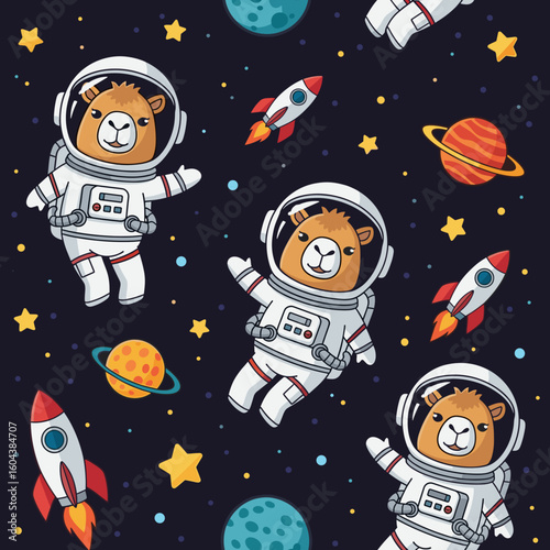 Cute llamas in spacesuits floating in space, perfect for children's apparel, textiles, or space-themed projects.