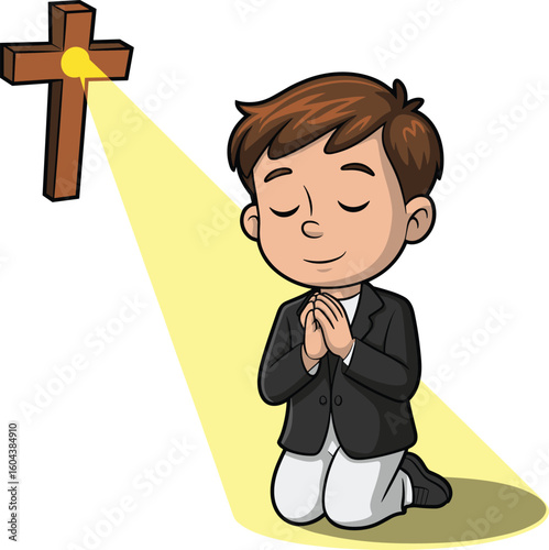 Cartoon boy kneeling in prayer under holy cross light, symbolizing Christian faith, devotion, spiritual peace, worship, and religious belief