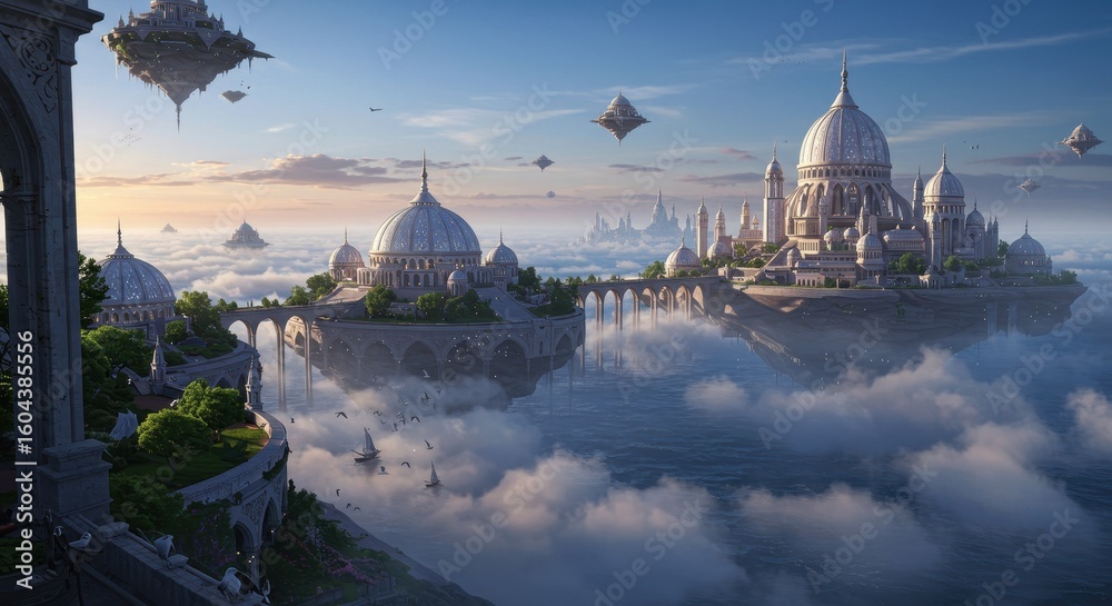 Fototapeta premium Floating city in cloudscape at dawn