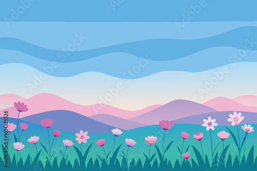 A vibrant spring meadow bursts with colorful flowers under a sunny sky, surrounded by rolling hills and distant mountains