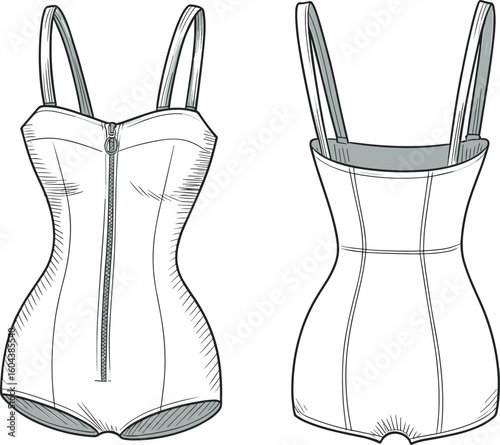 One piece bodysuit fashion flat sketch, front and back view, with zipper detail, technical design for lingerie, apparel vector template