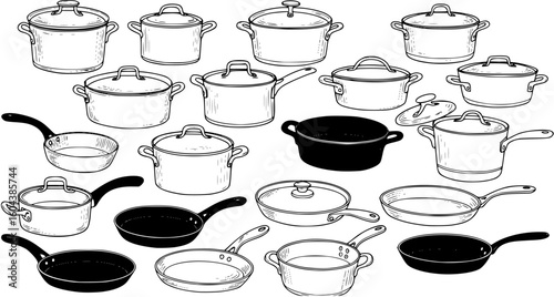 A collection of various cooking pots and pans isolated on white background
