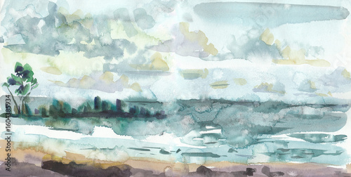 Tableau sur toile Calm, subdued horizontal watercolor landscape with lake and beach under cloudy s