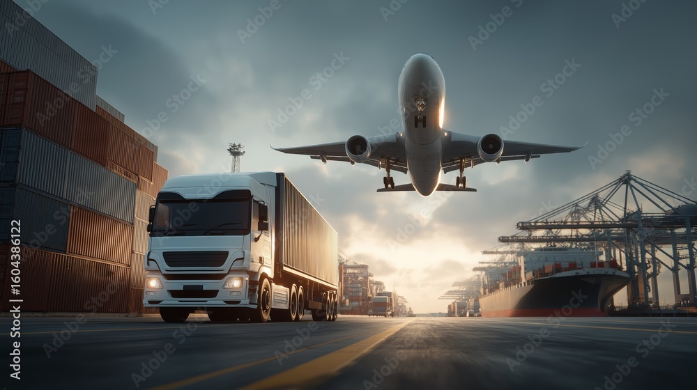 Fototapeta premium Container Ship at Twilight: A Semi-Truck Transports Cargo Along a Coastal Road at Dusk.