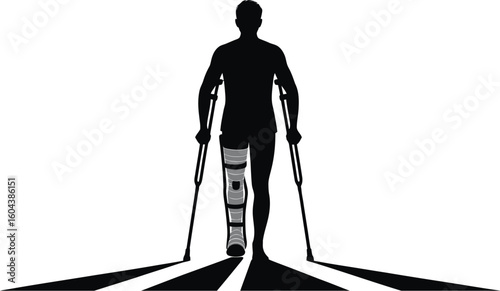 Silhouette of a man walking with crutches and a leg brace against a bright white background scene view