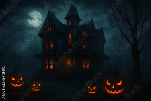 Spooky haunted house with glowing jack-o'-lanterns