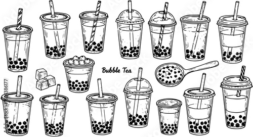 An assortment of handdrawn bubble tea drinks isolated on white background

