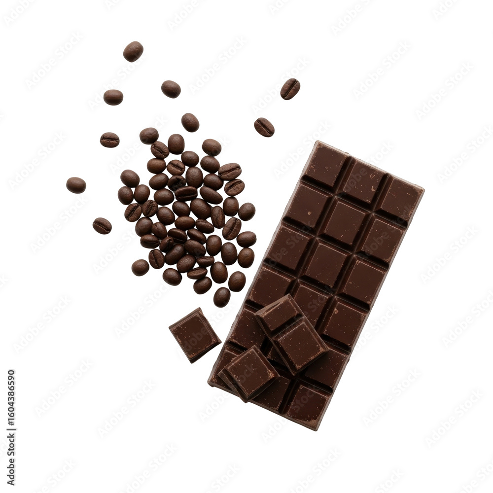 Fototapeta premium Dark chocolate bar with coffee beans isolated PNG with Transparent Background