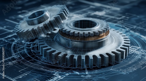 Detailed 3D Render of a Gear with Blueprint Overlay - Industrial Engineering and Mechanical Design Concept.