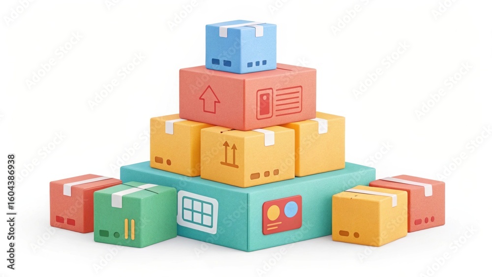 Obraz premium E-commerce and logistics concept with a pyramid of colorful shipping boxes.
