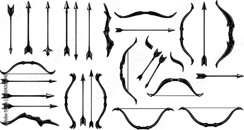 A set of various bow and arrow designs isolated on white background, showcasing different arrowheads
