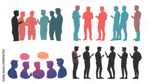 Silhouette of several men chatting together, group of people in conversation, social interaction concept, teamwork and communication, casual discussion with diverse male figures, minimalistic black 