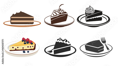 Simple vector icon of a slice of cake on a plate with white background, minimalistic dessert illustration, sweet treat symbol for bakery, food, celebration, and party concepts