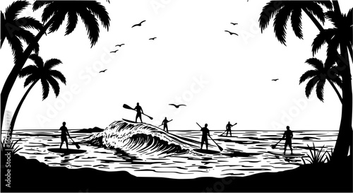 Paddleboarding and surfing activities in a tropical paradise with palm trees and waves
