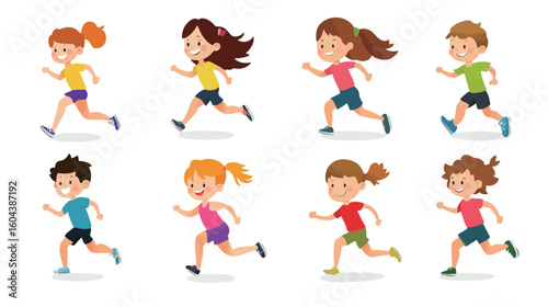 Group of children running a race on white background, energetic kids competing in outdoor sports activity, diverse boys and girls in motion, playful and healthy childhood concept, dynamic movement