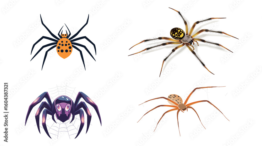 Obraz premium Detailed spider with cobweb and spider web design, intricate black and white vector illustration showing spider in its natural web, delicate spider net structure with fine threads, nature-inspired 