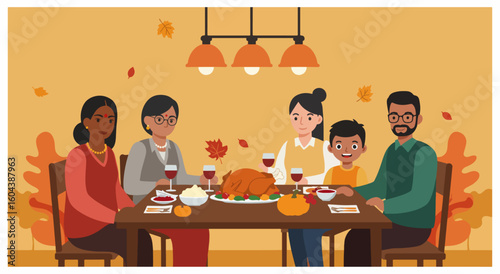 Diverse family Thanksgiving dinner, festive holiday celebration, multi-ethnic gathering