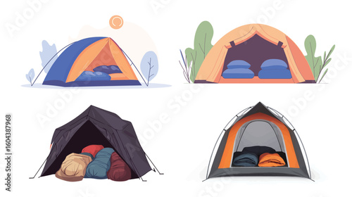 Tent with open flap showing sleeping bags inside, detailed vector illustration of camping equipment, outdoor adventure gear for hiking, backpacking, and nature exploration, emphasizing camping comfort