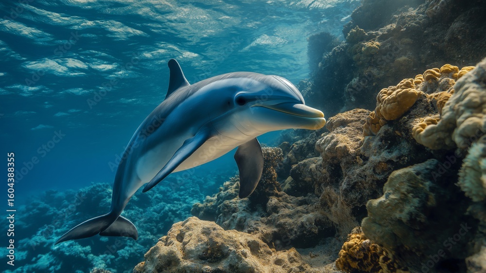 Fototapeta premium A dolphin glides effortlessly through clear water, exploring vibrant coral formations below.