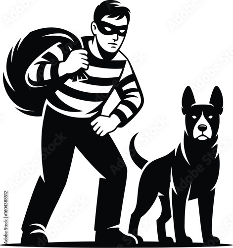 A burglar with a sack over his shoulder standing next to a dog in black and white illustration style