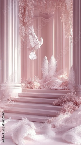 Ethereal Pink Dreamscape with Columns, Feathers, and a Dove