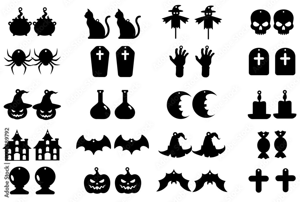 Fototapeta premium Halloween earring SVG bundle with black silhouette icons: bats, ghosts, pumpkins, cats, coffins, and skulls for Cricut 