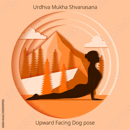 Urdhva Mukha Shvanasana yoga pose. Upward Facing Dog yoga pose. International Yoga Day. Paper cut design. Isolated vector illustration.
