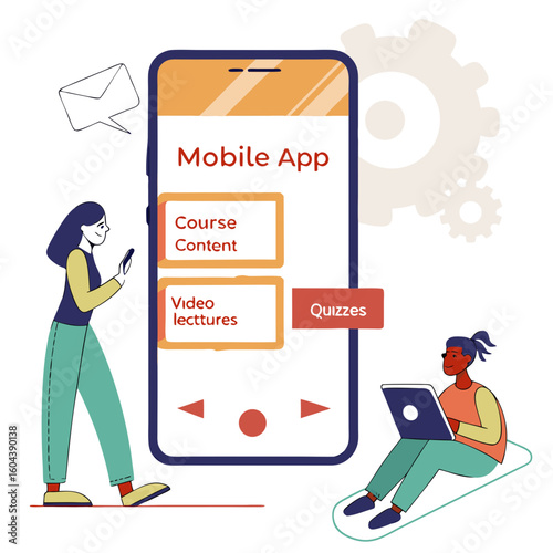 Vector concept of an e-learning mobile app interface featuring course modules, video lessons, and interactive quizzes on a smartphone screen.

