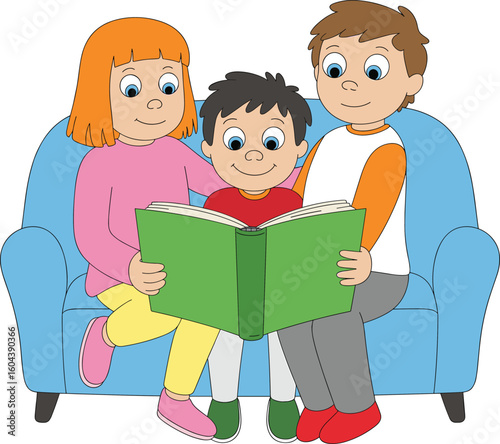 Happy cartoon children reading a book together on a sofa, learning and enjoying story time in a cozy educational setting