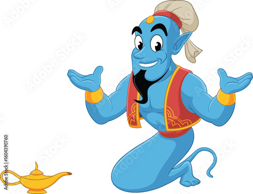 Magical cartoon blue genie with red vest and turban rising from golden lamp isolated on white background for fantasy concept