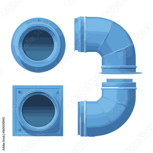 set of industrial pipe elbow connectors in blue flat style