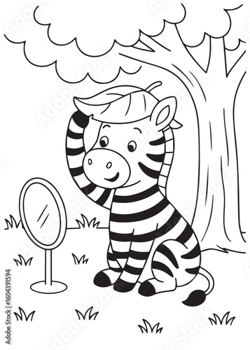 Coloring book zebra combing its mane in front of a mirror.