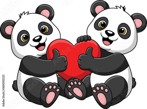 Two adorable cartoon panda bears holding a red heart together, smiling with love and joy, perfect for Valentine’s Day design
