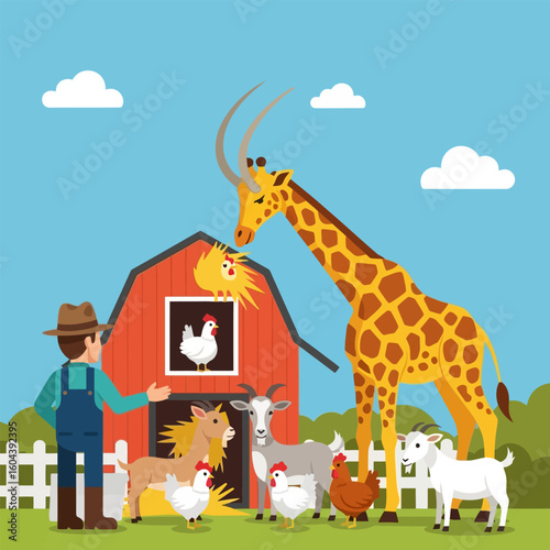 Cartoon Farmer with Animals at Red Barn Under Blue Sky