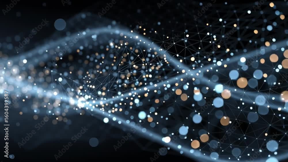 Abstract digital wave of glowing particles and connected lines. Futuristic technology background with data network. Computer animation.