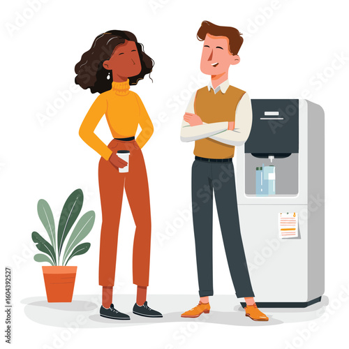 two female coworkers chatting near office water dispenser, flat vector for casual office life