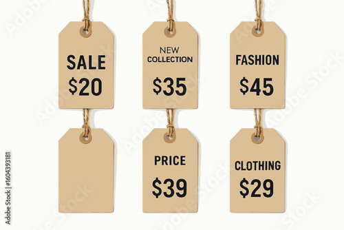 A various fashion price tags show retail sales promotion, new collections, sale, clothing, price deals and discount offers for shopping season