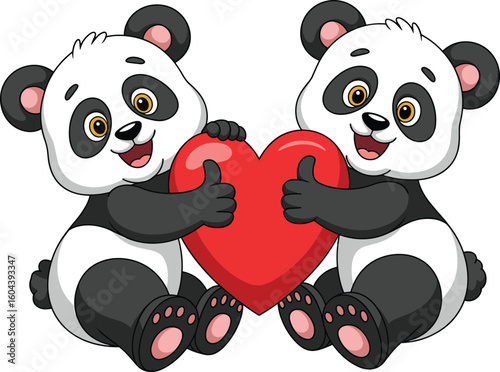 Two cute cartoon panda bears holding a red heart together, smiling with love, perfect for Valentine's Day, greeting, or friendship illustration