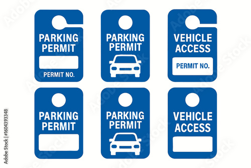 A blue parking permits and vehicle access tags on white background, providing authorization and identification for secure and managed entry