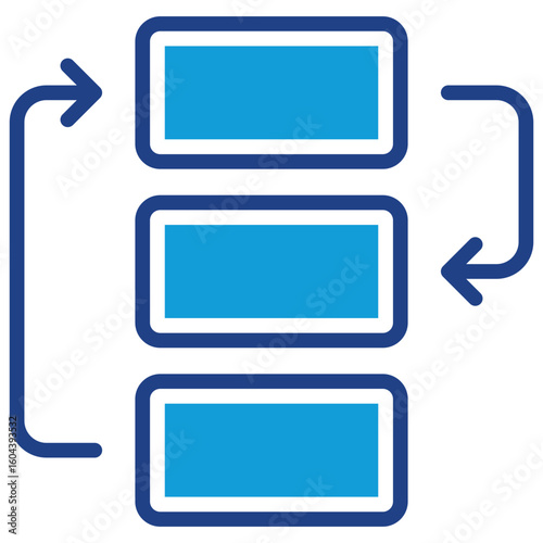 Workflow Loop Glyph Blue Silhouette Vector Design - Three stacked rectangles with looping arrows, representing iterative workflow or process cycle