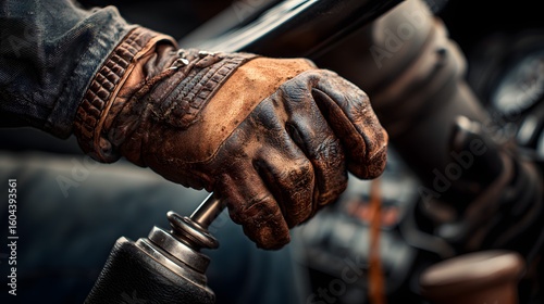 Gloved hand holds metal lever or gear shift mechanism in an industrial setting.