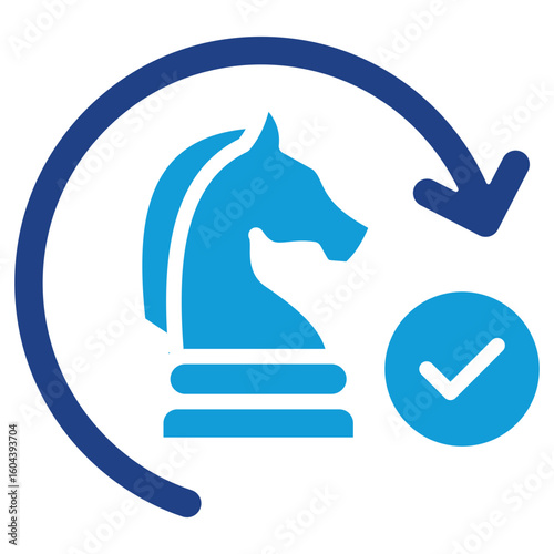 Smart Strategy Glyph Blue Silhouette Vector Design - Chess knight with circular arrow and check mark, representing strategic decision-making and validated plans