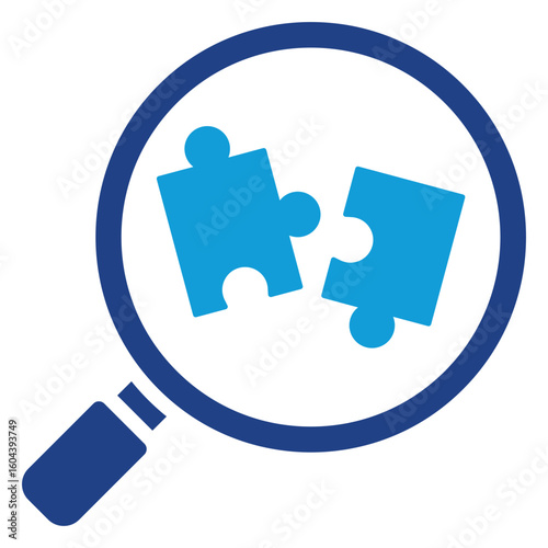 Solution Finder Glyph Blue Silhouette Vector Design - Magnifying glass over puzzle pieces, representing problem solving and solution analysis