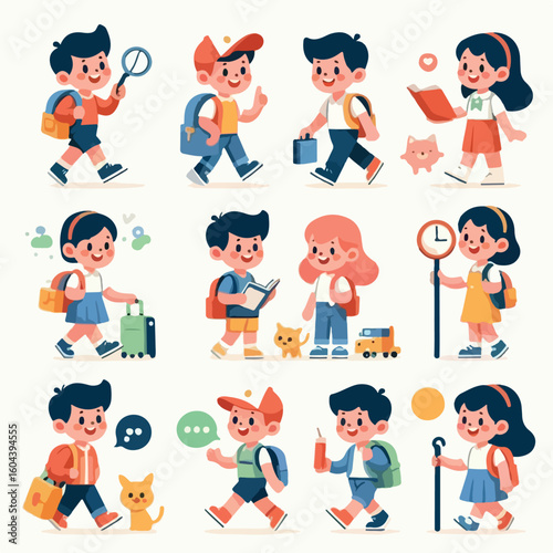image of students going to school on foot with a simple and minimalist flat design using a white background